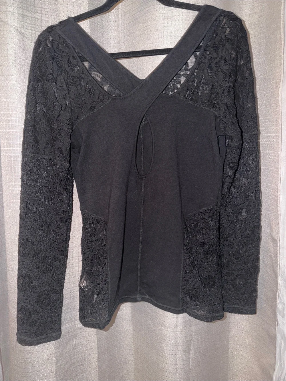 Free People Black Lace-Inset Long Sleeve Tee